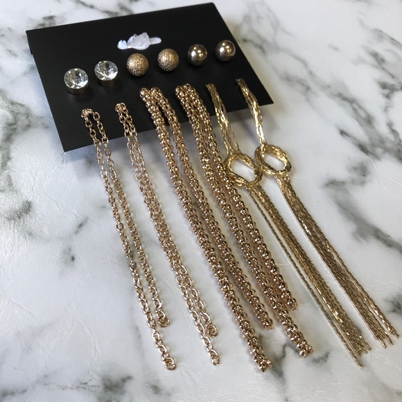 6 Piece Stud Drop Earrings Set Gold Silver Diamond - Picture 6 of 7